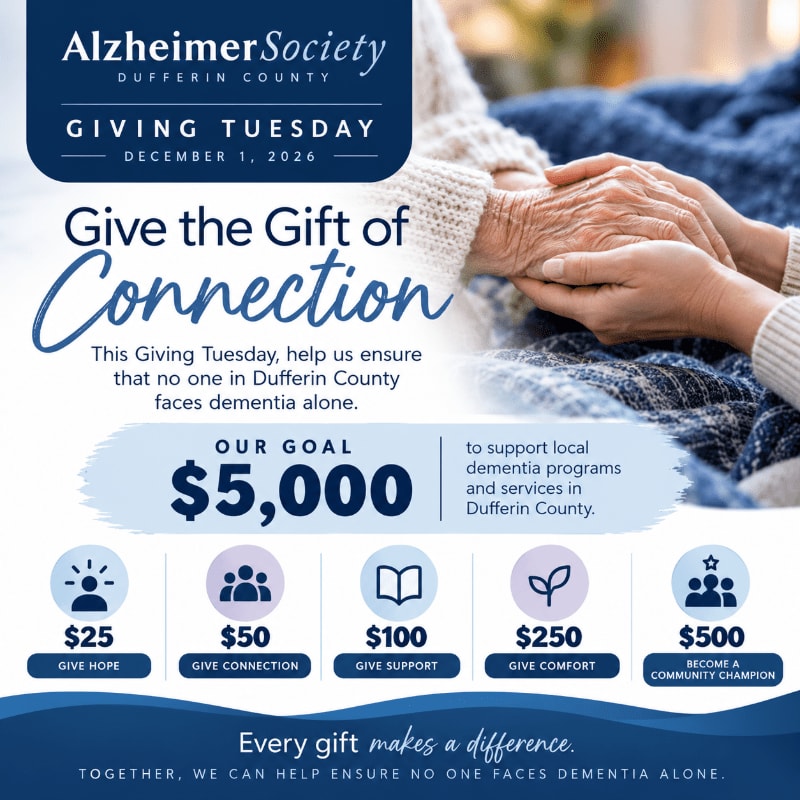 A promotional flyer for the Alzheimer Society of Dufferin County features donation goals and tiers in the foreground over a background image of two people holding hands.