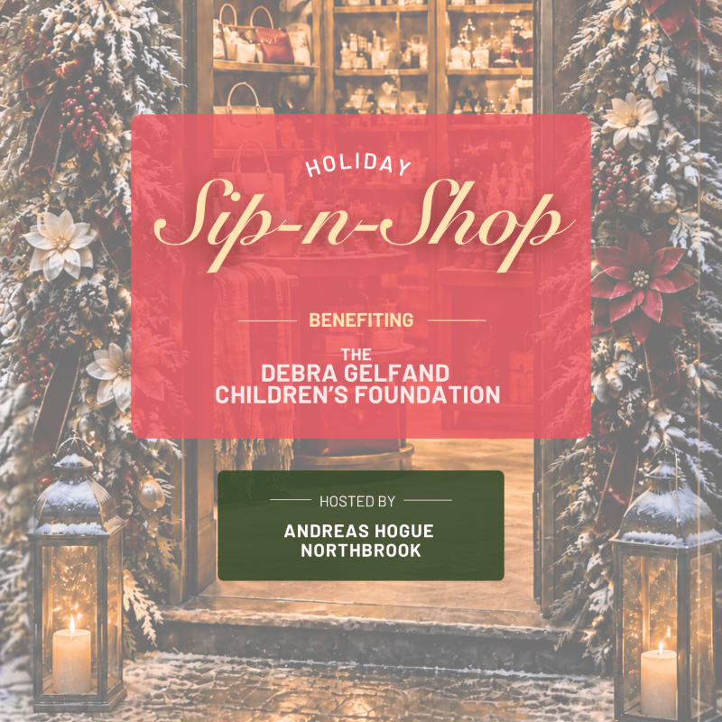 A red and green promotional overlay for a "Holiday Sip-n-Shop" event sits atop a festive background featuring snow-dusted greenery, white lilies, and glowing lanterns.