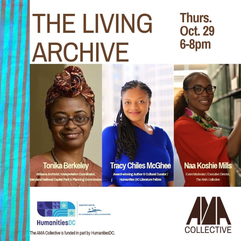 Three women's portraits are featured in the center of a promotional flyer with event text above and organizational logos below, all set against a white background with a blue striped border on the left.