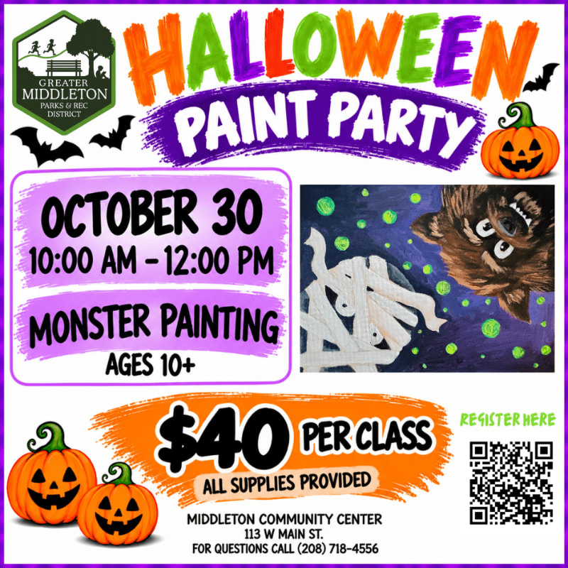 A colorful Halloween Paint Party flyer features event details and a monster painting in the foreground against a white background with festive graphics.