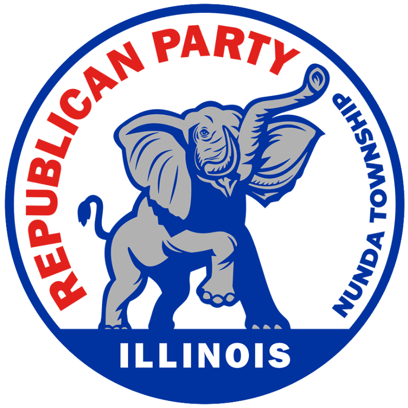 A blue and grey elephant stands in the center of a white circular background, surrounded by a blue border containing the red text "REPUBLICAN PARTY," the blue text "NUNDA TOWNSHIP," and the white text "ILLINOIS" at the bottom.