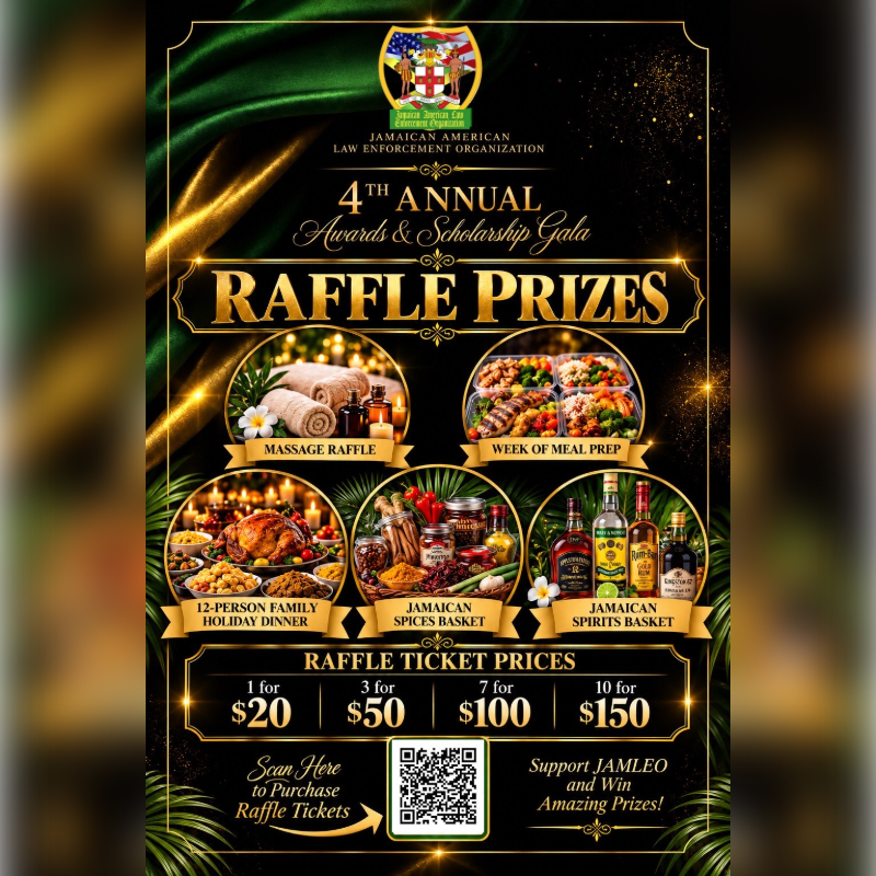 A gold and green promotional flyer for raffle prizes is set against a luxurious draped fabric background.