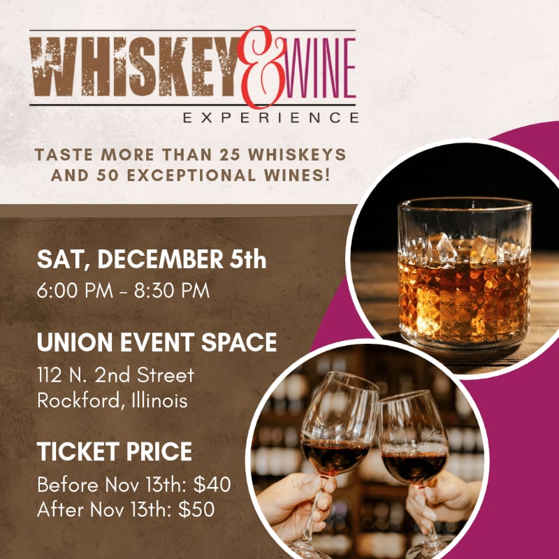 An event flyer for a "Whiskey & Wine Experience" features event details on a light background with circular inset photos of a whiskey glass and red wine glasses.