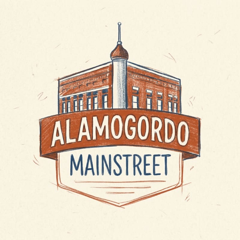 A stylized illustration of a brick building with a spire sits behind a banner that reads "ALAMOGORDO MAINSTREET" against a plain, textured beige background.