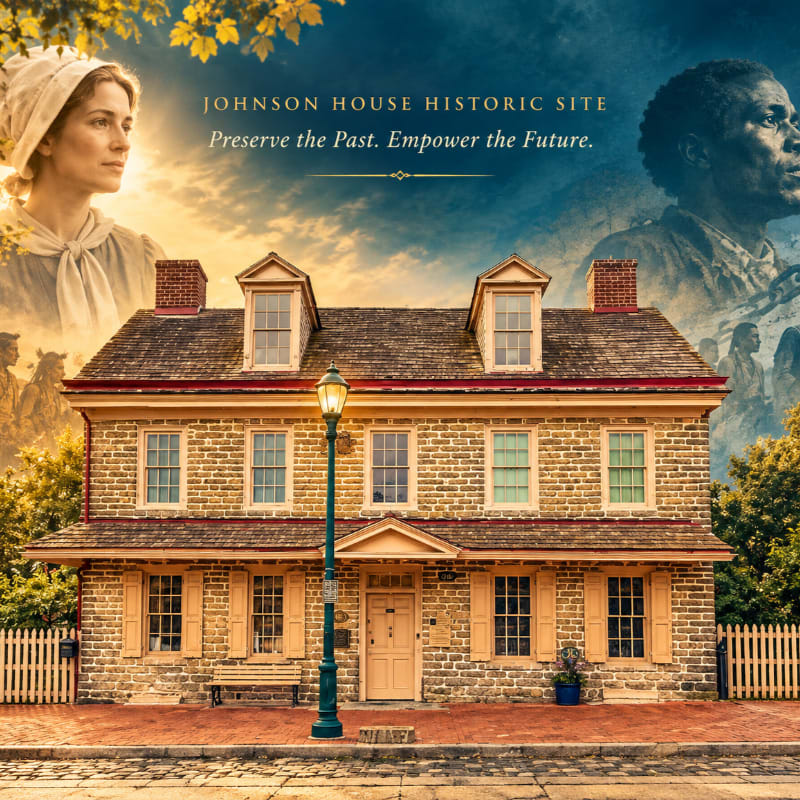 A historic stone house with a green lamp post in the foreground is framed by ethereal portraits of a woman and a man against a dramatic sky in the background.