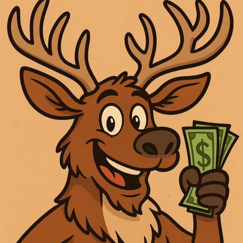 A smiling cartoon deer holds a fan of dollar bills against a plain tan background.