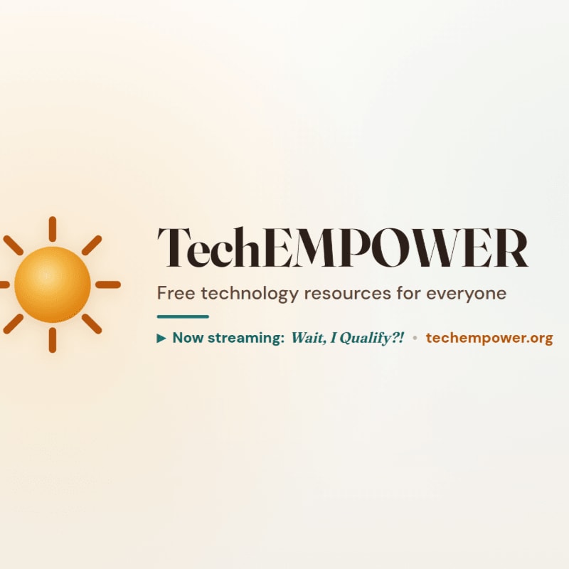 A yellow sun icon and the text "TechEMPOWER" with a tagline and website link are set against a plain, light-colored background.