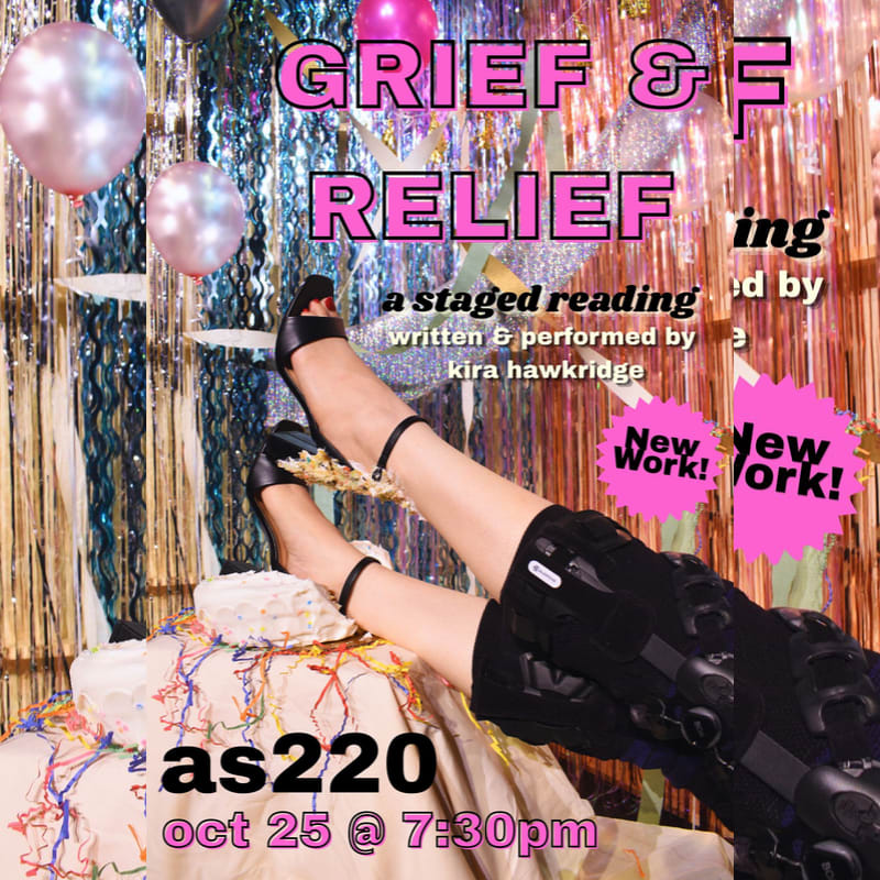 A person's legs, one wearing a black medical boot and the other a black sandal, rest against a textured white surface in the foreground against a background of shimmering tinsel curtains and balloons.