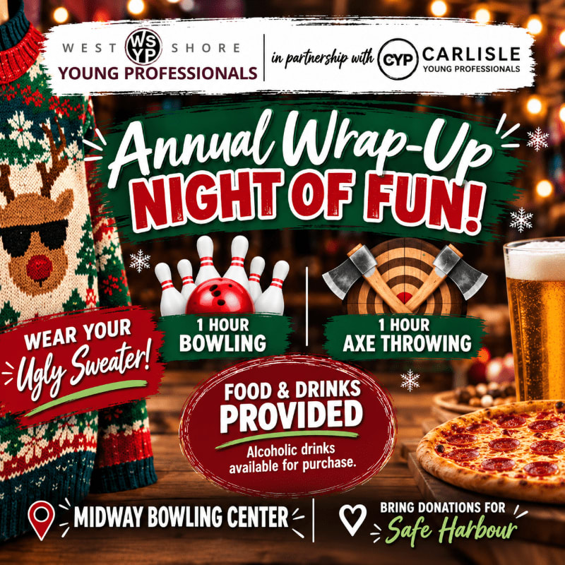 A festive event flyer featuring a reindeer ugly sweater, bowling pins, and axes in the foreground against a blurred background of warm holiday lights.