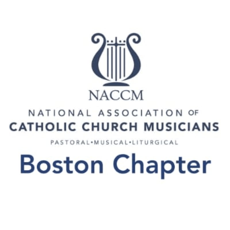 A blue lyre logo and text for the National Association of Catholic Church Musicians Boston Chapter are centered on a plain white background.
