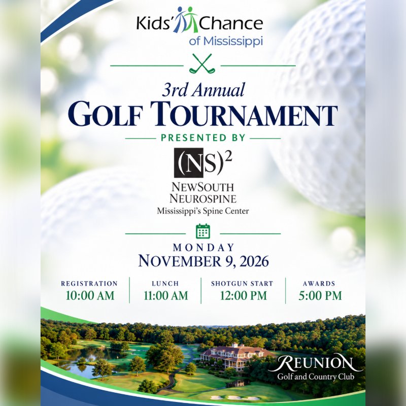 Text detailing a 3rd Annual Golf Tournament for Kids' Chance of Mississippi is layered over a background of blurred golf balls and a scenic view of the Reunion Golf and Country Club.