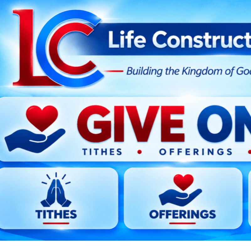 Prominent "GIVE" text and donation icons occupy the foreground against a blue background featuring the "Life Construction" logo.