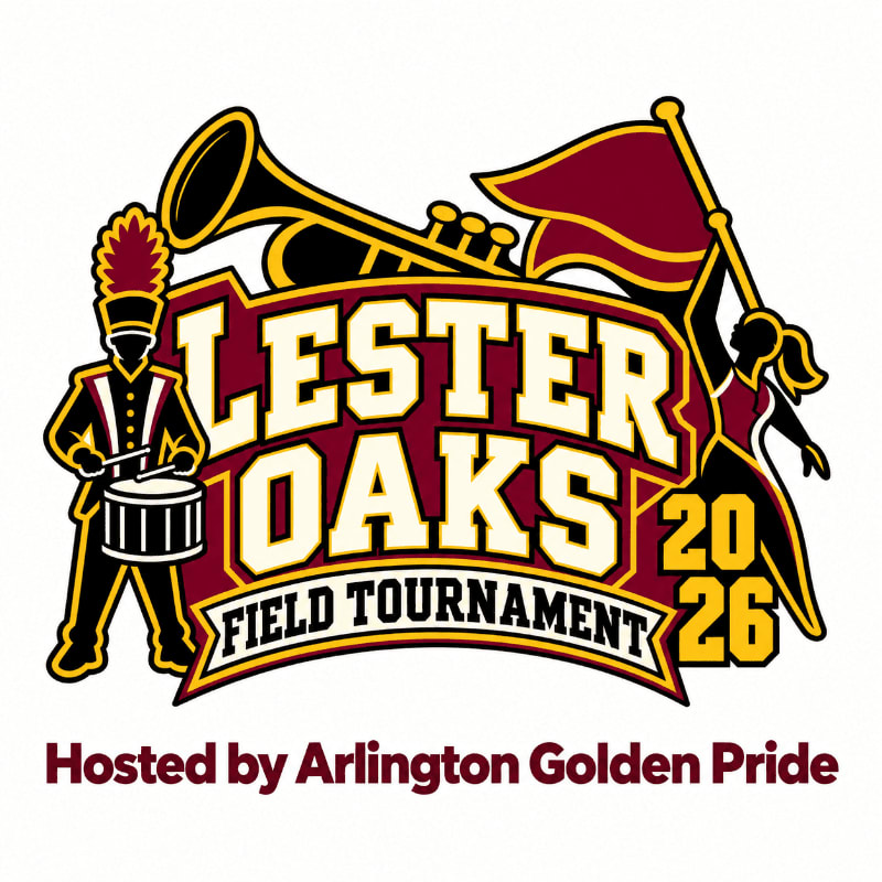 A colorful logo for the 2026 Lester Oaks Field Tournament features a drummer and flag bearer in the foreground against a background of a large horn and flag on a plain white backdrop.