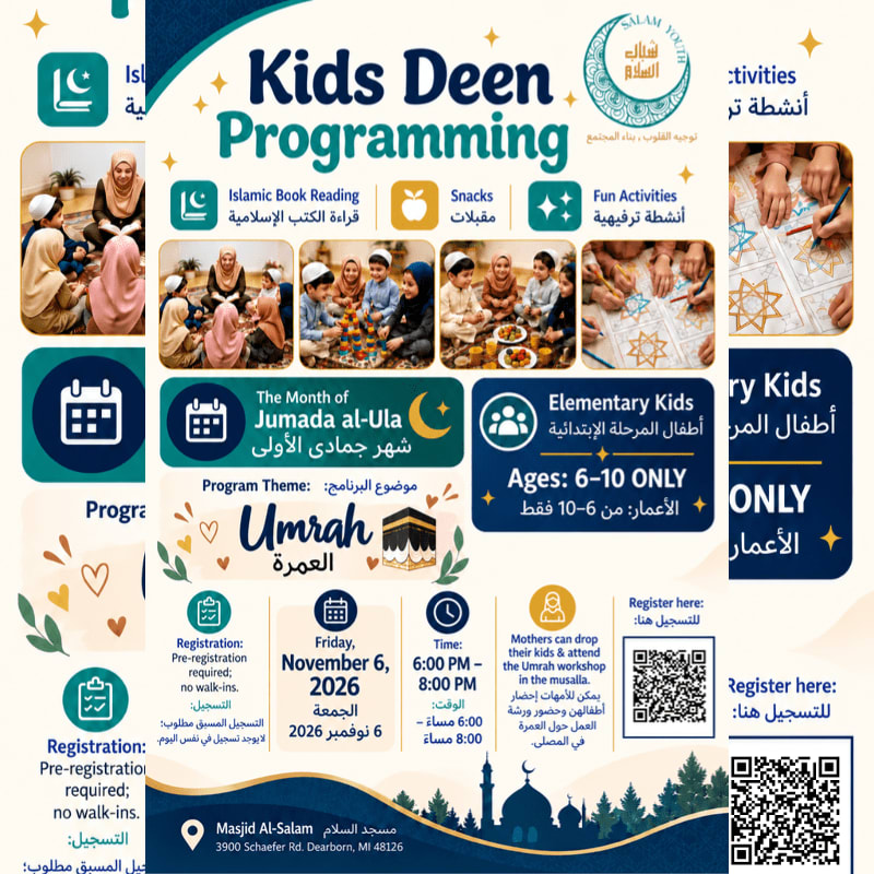 A colorful promotional flyer for "Kids Deen Programming" features photos of children learning and eating in the foreground against a white and blue graphic background.