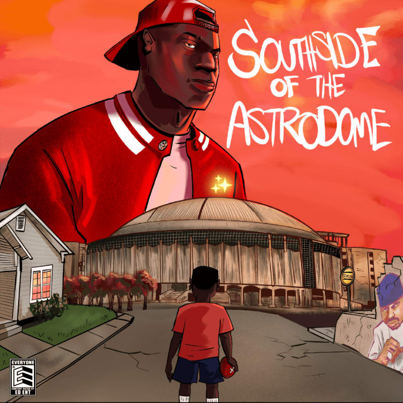 A young boy in a red shirt stands in the foreground facing a large domed stadium, while a giant man in a red jacket and cap looms in the orange-skied background.