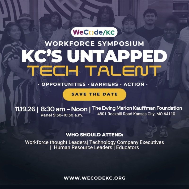 White and yellow text promoting a workforce symposium is layered over a group of diverse people standing in a room.