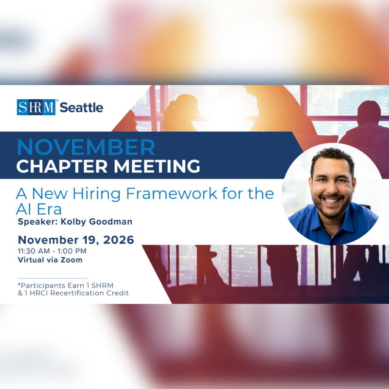 An event flyer for a SHRM Seattle chapter meeting featuring a portrait of speaker Kolby Goodman in the foreground against a background of blurred office silhouettes.