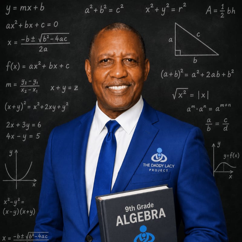 A smiling man in a blue suit holds a 9th grade algebra textbook against a background of mathematical formulas on a chalkboard.