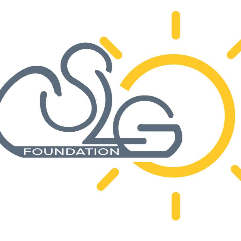A grey "SLG FOUNDATION" logo is positioned in the foreground against a white background with a yellow stylized sun.
