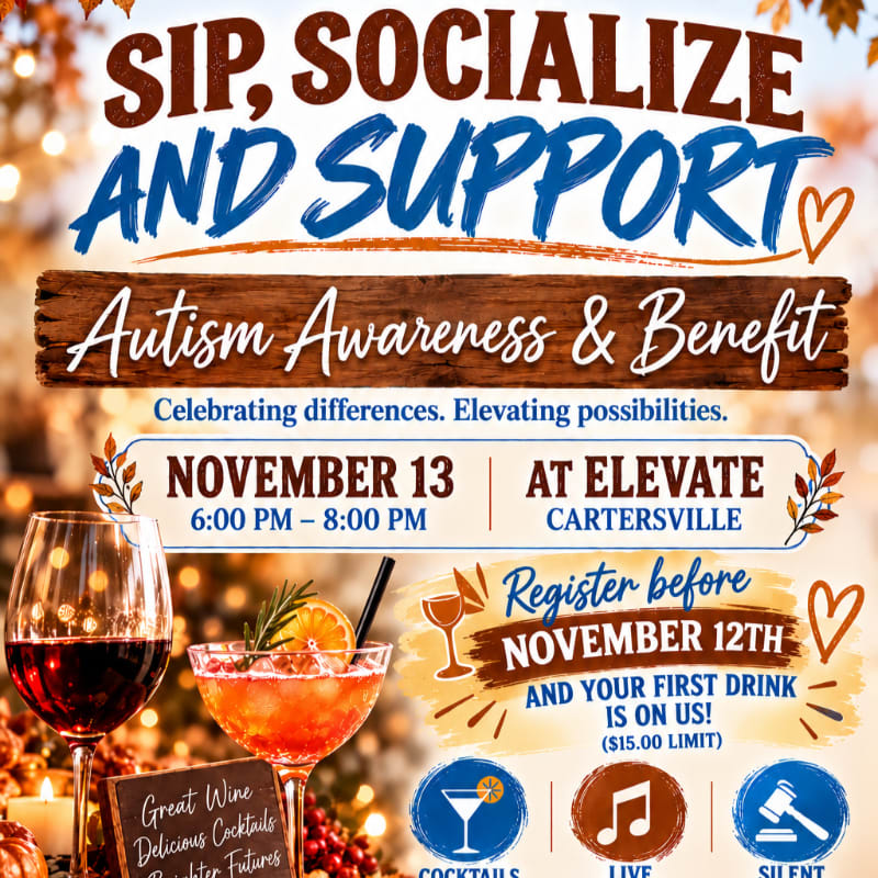 An event flyer for an Autism Awareness & Benefit features bold text and drink imagery in the foreground against a blurred, warm-lit autumnal background.