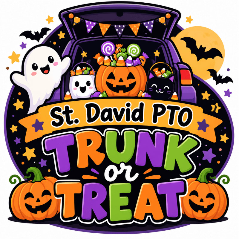 A friendly ghost and jack-o'-lanterns surround the text "St. David PTO Trunk or Treat" in the foreground, with a car filled with candy and a moonlit bat-filled sky in the background.