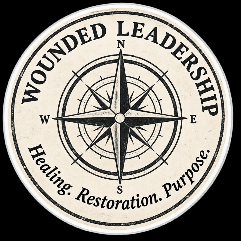 A compass rose is centered within a circular emblem featuring the text "WOUNDED LEADERSHIP" and "Healing. Restoration. Purpose." against a textured cream background and a black void.