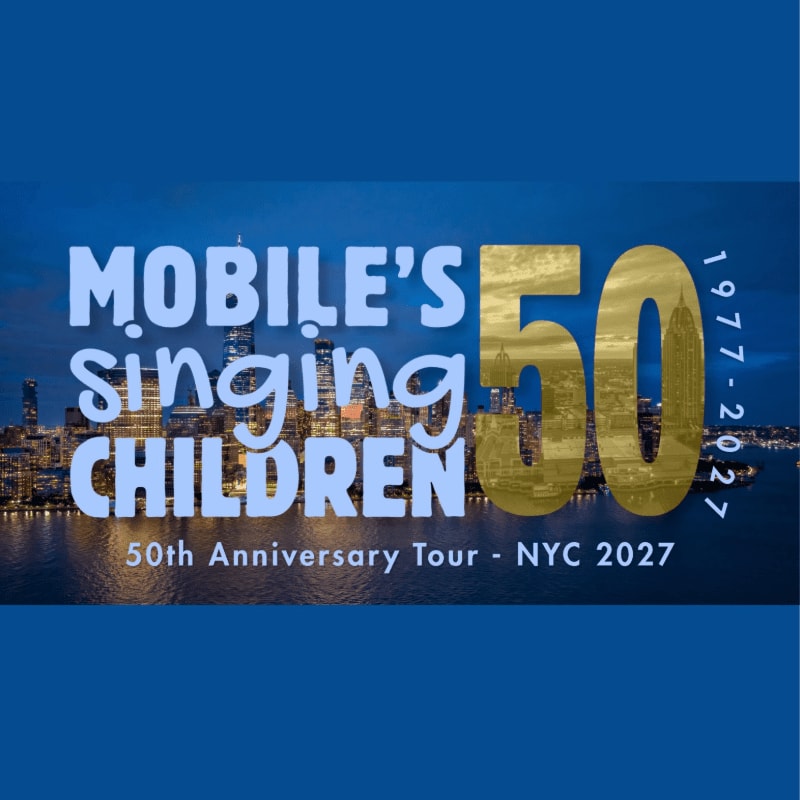 White and gold text celebrating the 50th anniversary of "Mobile's Singing Children" is layered over a nighttime cityscape of New York City.