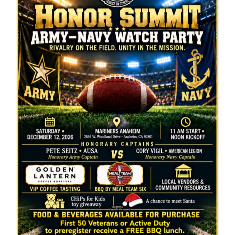 A football rests on a grassy field in the foreground, set against a background of a crowded stadium and promotional text for an Army-Navy watch party.