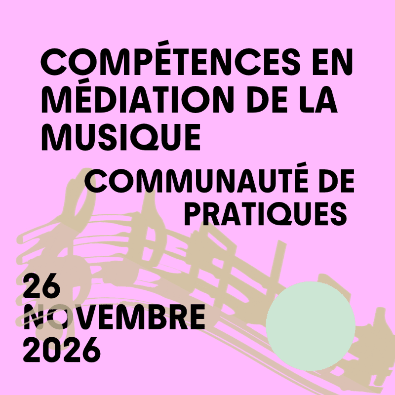 Bold black French text and a date are layered over a light pink background featuring a faint, stylized musical instrument graphic and a pale green circle.