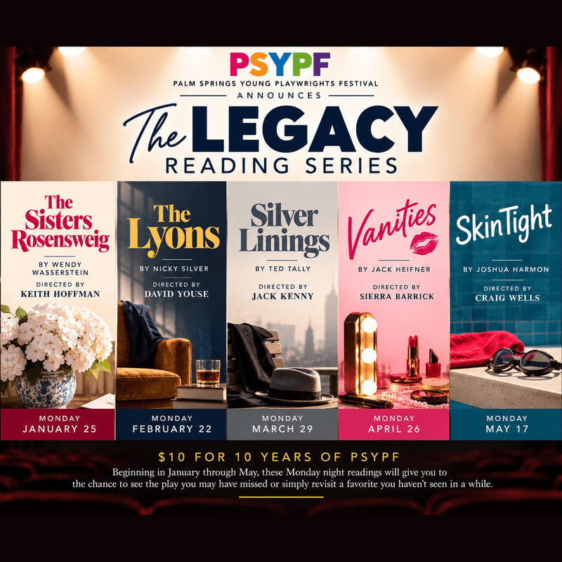 A promotional poster for "The Legacy Reading Series" features five colorful vertical panels for different plays in the foreground against a dimly lit theater background.