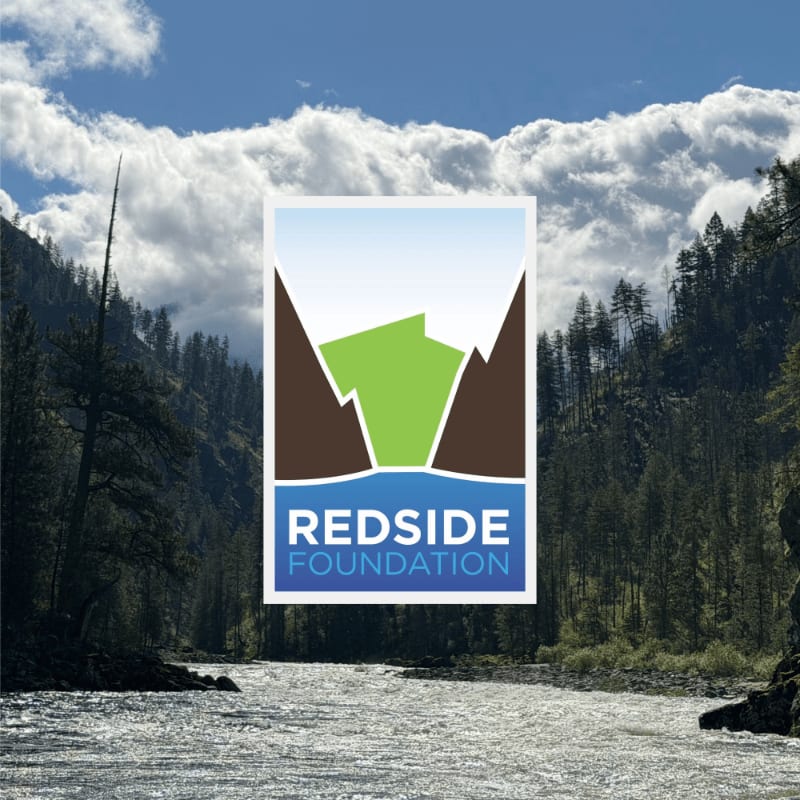 A Redside Foundation logo is centered in the foreground over a background of a flowing river and forested mountains under a cloudy blue sky.