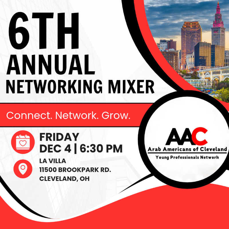 Event details for the 6th Annual Networking Mixer are displayed in the foreground against a background featuring a city skyline and a red and white graphic design.