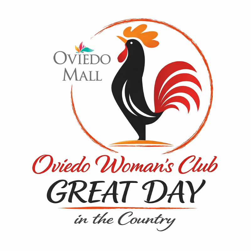 A stylized rooster stands within an orange circle in the foreground, with the text "Oviedo Mall" above it, while the background is a clean white.