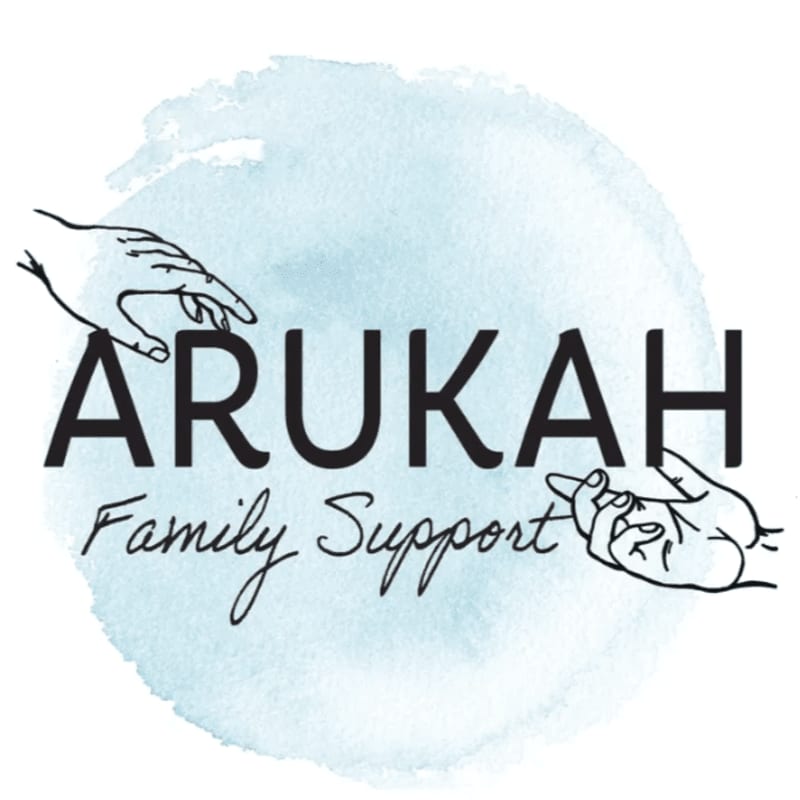 The text "ARUKAH Family Support" and line drawings of two hands are set against a light blue watercolor circle on a white background.