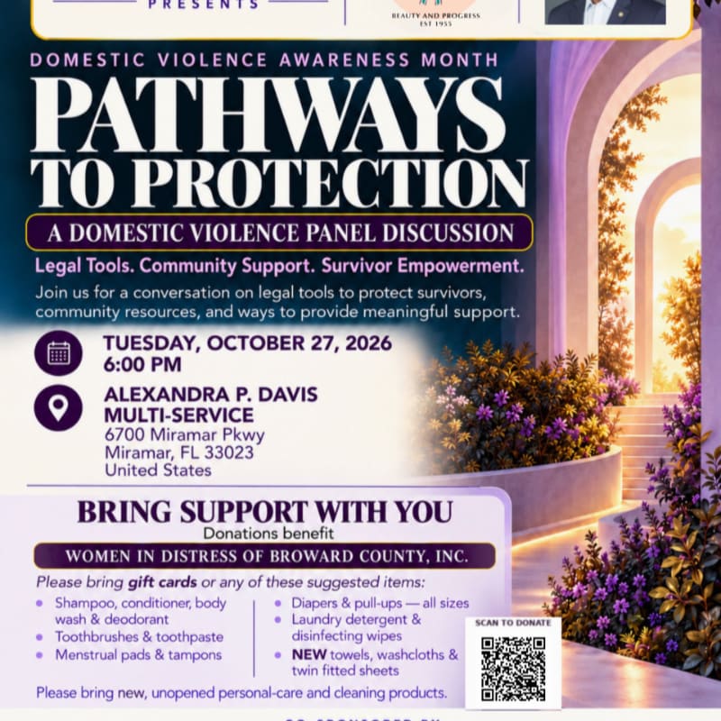 A promotional flyer for a domestic violence panel discussion features bold text and event details in the foreground against a background of a sunlit, arched walkway with purple flowers.