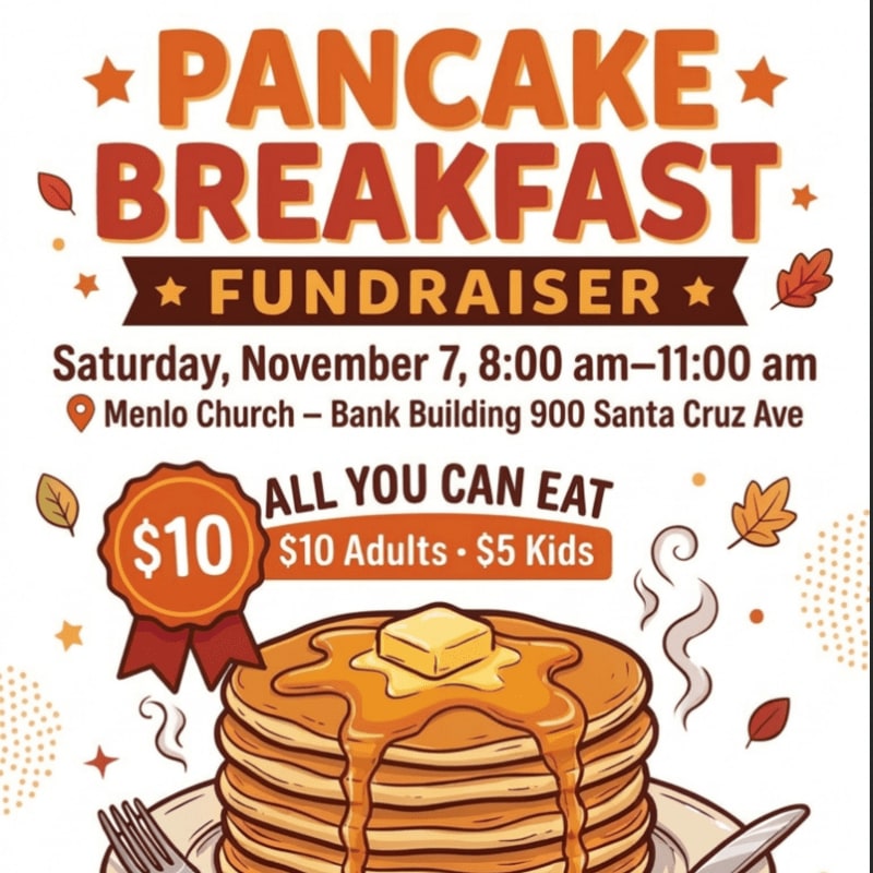 A stack of pancakes with melting butter and syrup sits in the foreground against a white background featuring event details for a pancake breakfast fundraiser.