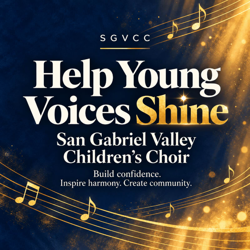 Bold white and gold text promoting the San Gabriel Valley Children's Choir sits centered over a dark blue background accented with glowing golden musical notes and light beams.