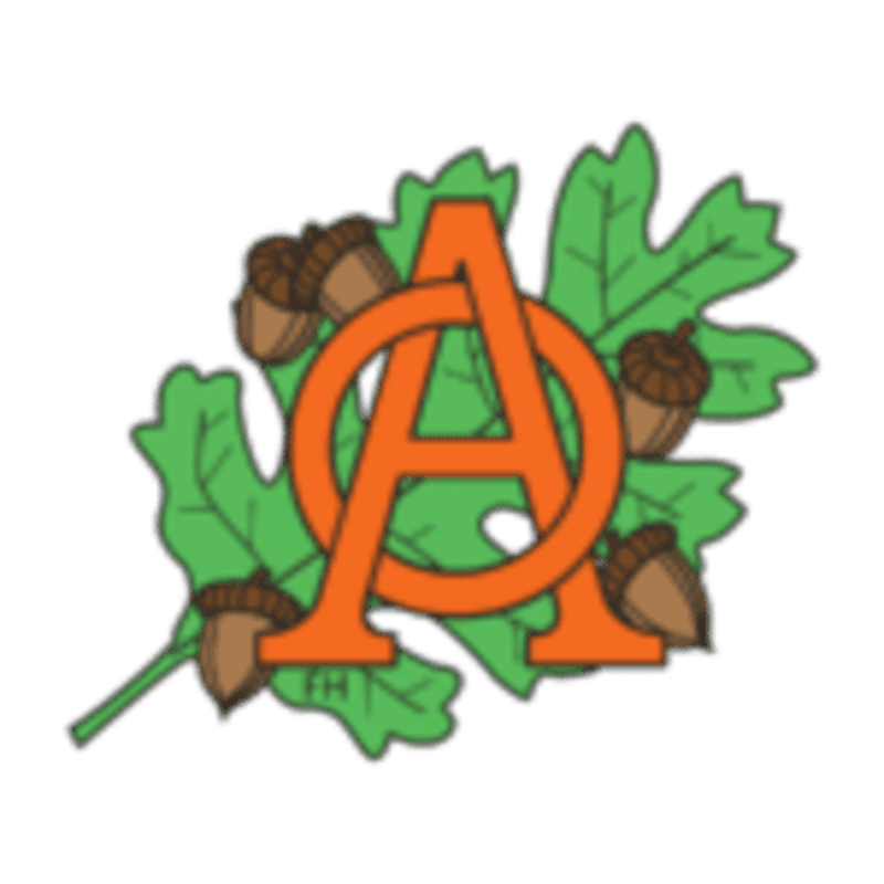 An orange letter A and circle are layered over green oak leaves and brown acorns against a plain white background.
