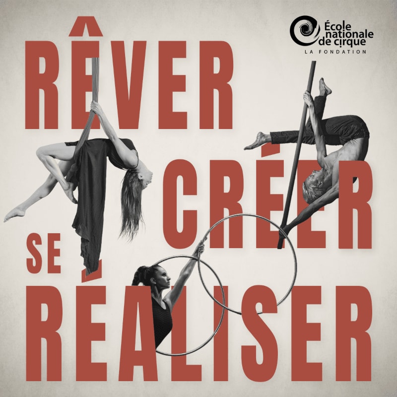 Three circus performers execute acrobatic poses in the foreground against a background of large red French text and a school logo.