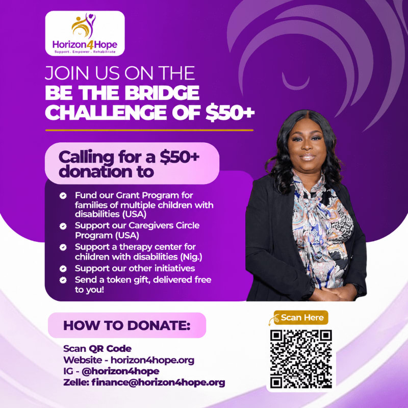 A woman stands in the foreground of a purple promotional flyer featuring donation details and a QR code against a swirling purple background.