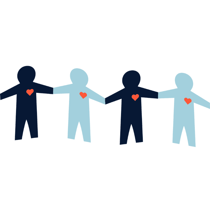 Four stylized human figures in alternating dark and light blue colors hold hands against a plain white background, each with a small red heart on their chest.