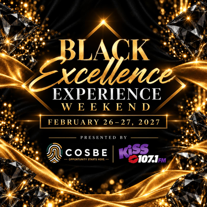 Gold text announcing the "Black Excellence Experience Weekend" sits in the foreground, surrounded by shimmering diamonds and gold fabric against a dark, sparkling background.