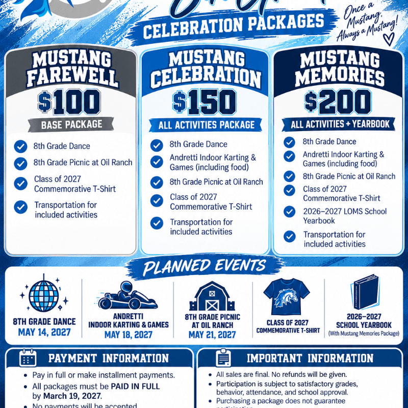 Three blue and white celebration package options are displayed in the foreground against a light blue background with decorative text and event details.