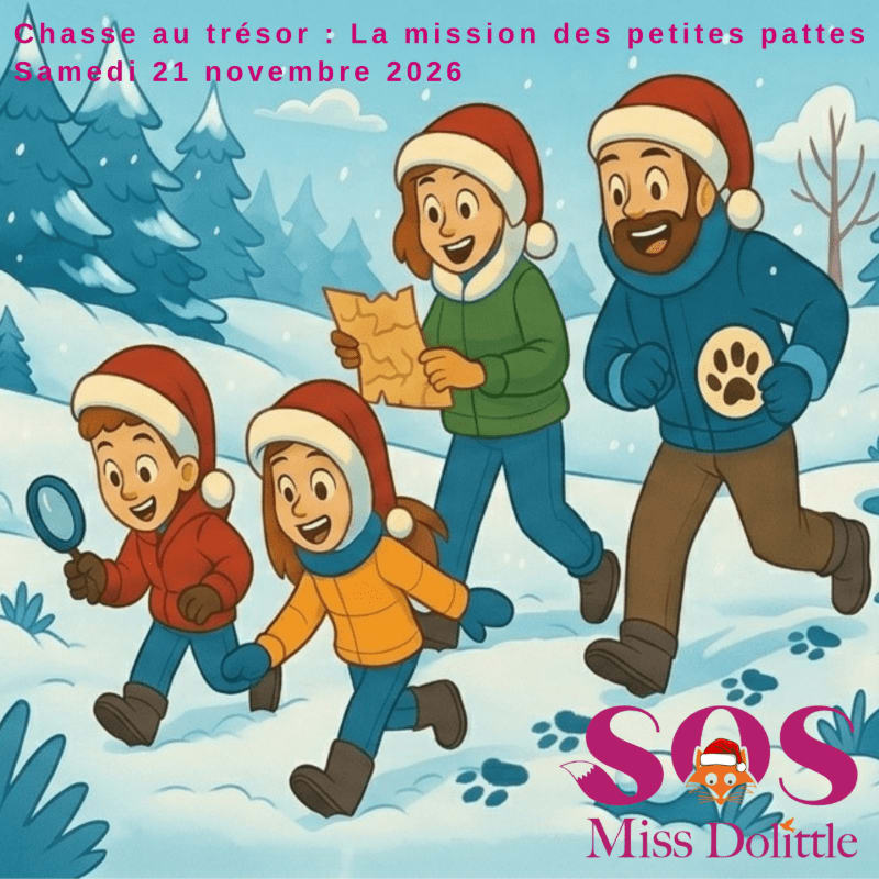 A family of four wearing Santa hats treks through a snowy, pine-tree-filled landscape while the mother holds a map.