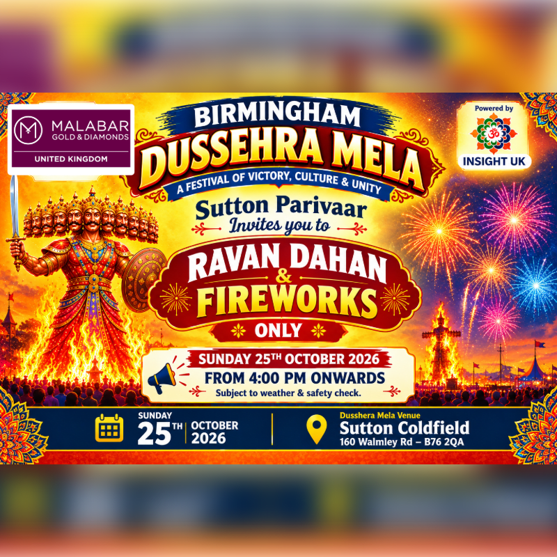 A colorful event poster features a flaming effigy of Ravana and fireworks in the foreground against a vibrant, celebratory background.