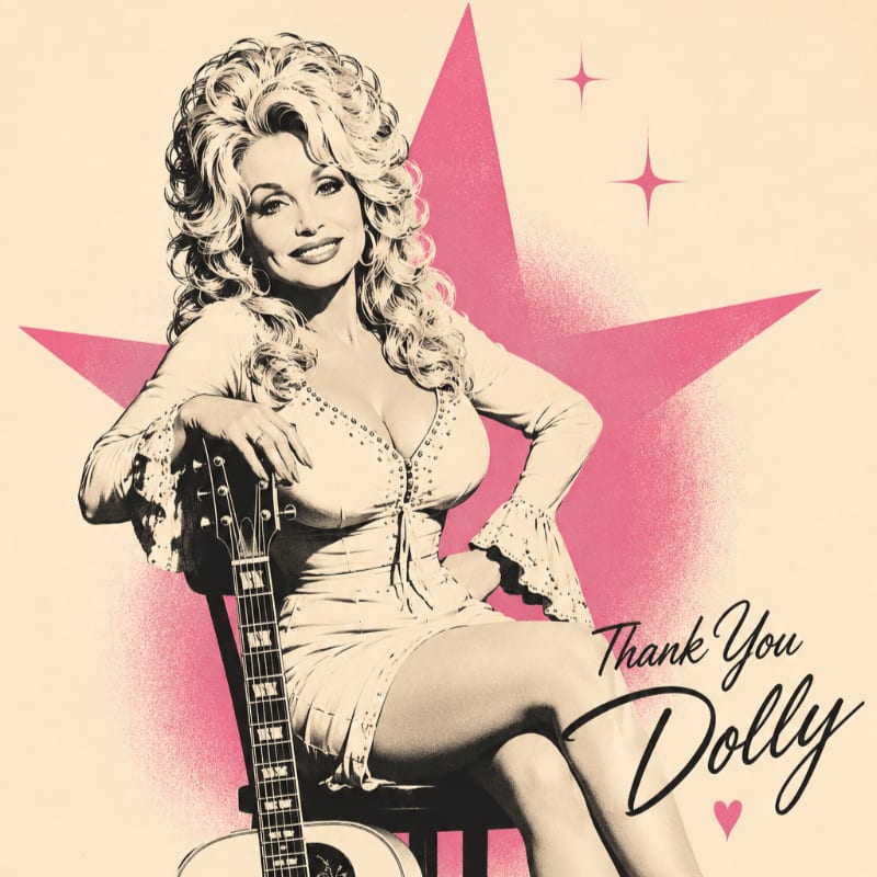 A woman with voluminous blonde hair sits with a guitar in the foreground against a background featuring a large pink star and the text "Thank You Dolly."