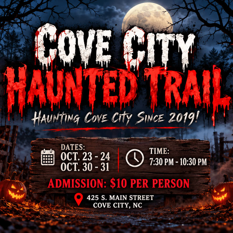 A wooden sign with event details and glowing pumpkins sit in the foreground against a backdrop of a full moon and spooky silhouettes.