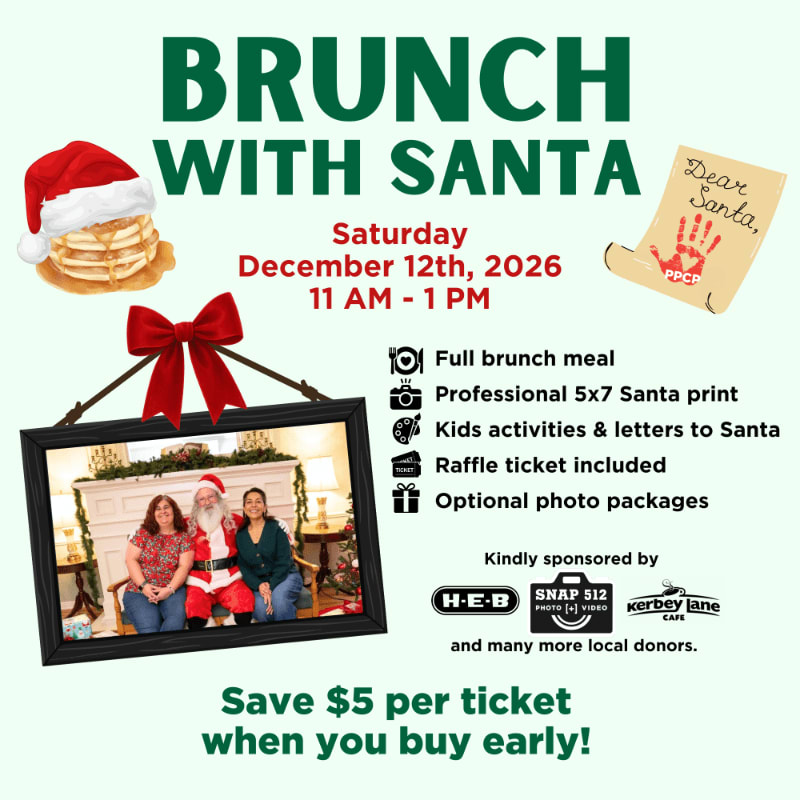A promotional flyer for "Brunch with Santa" features event details and a framed photo of a family with Santa in the foreground against a plain white background.
