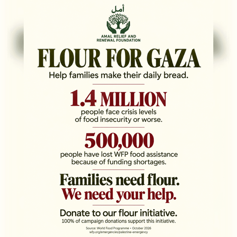 Bold text and statistics regarding food insecurity in Gaza are centered in the foreground against a plain, light-colored background featuring the Amal Relief and Renewal Foundation logo at the top.