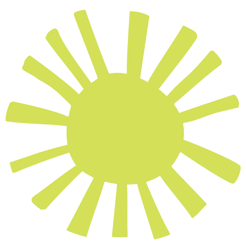 A lime-yellow sun illustration with radiating rays centered against a plain white background.